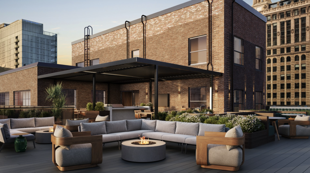 A rendering of the rooftop amenity space at Wacker Place apartments at 65 E. Wacker Drive in Chicago, Illinois.